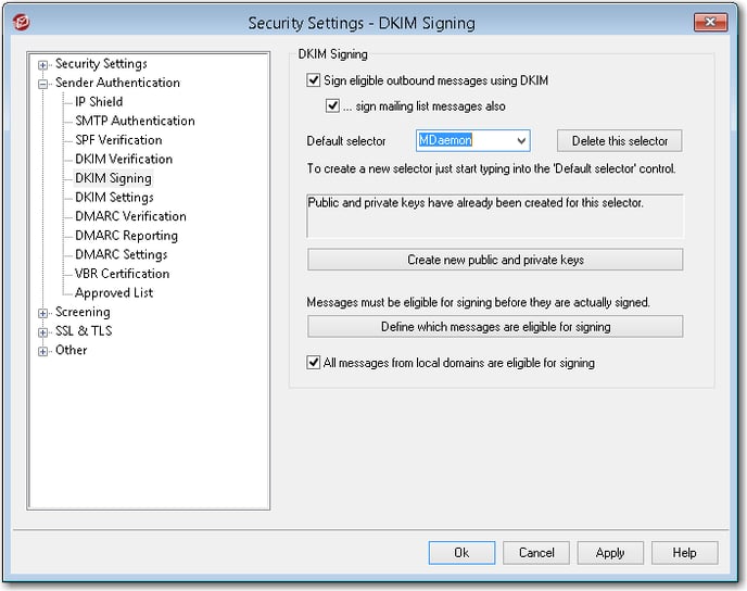 creating a default selector to setup dkim signing on the MDaemon email server