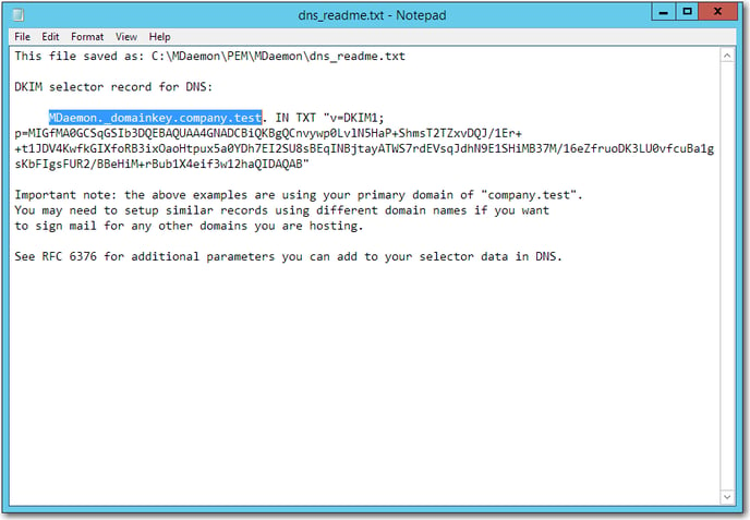 using the generated DKIM key to assist in configuring public DNS record for DKIM signing in the mdaemon email server