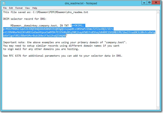 copying the value for the DKIM public DNS record for DKIM signing in the mdaemon email server