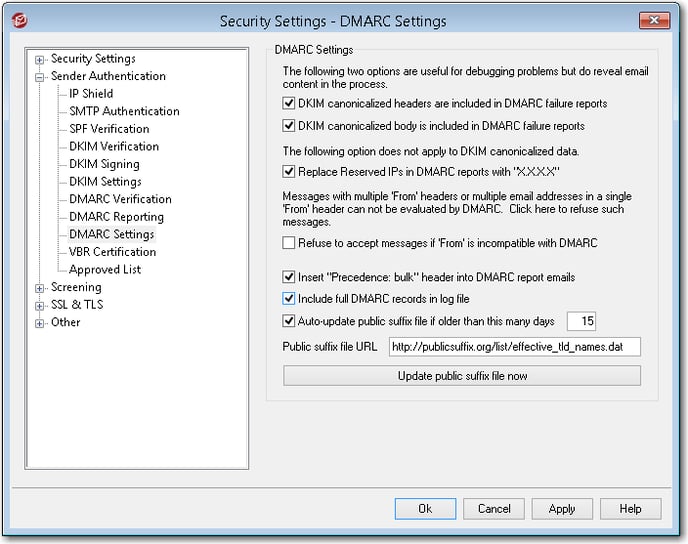 mdaemon email server dmarc settings to include full dmarc records in log files