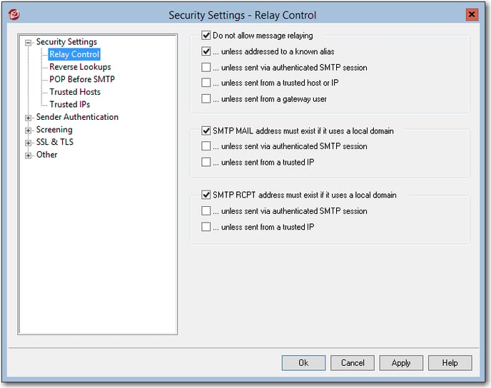 mdaemon email server security settings detailing recommended relay controls