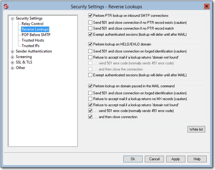 mdaemon email server security settings detailing recommended options for reverse lookups