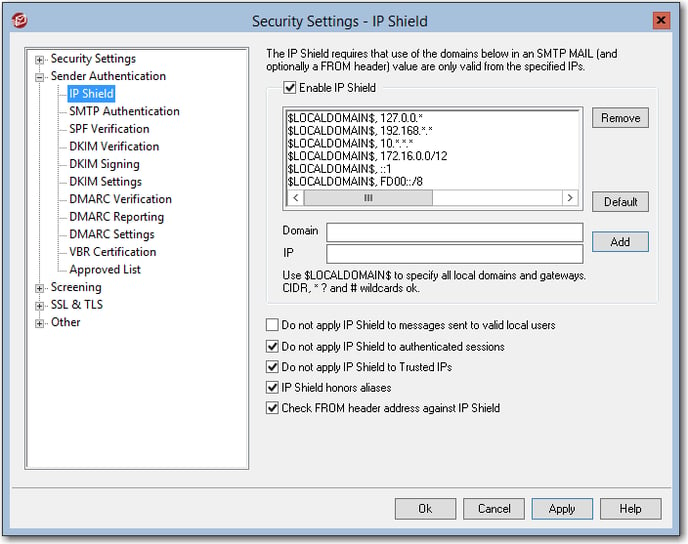 mdaemon email server security settings detailing recommended security settings for IP shield feature