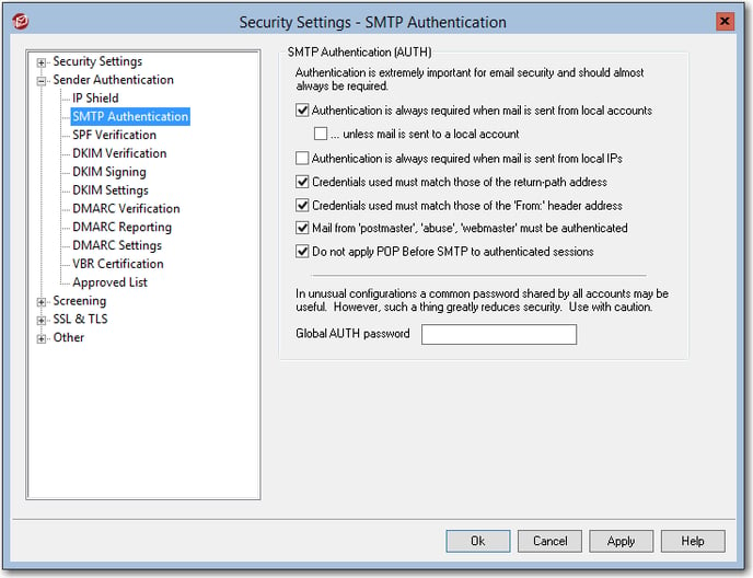 mdaemon email server security settings detailing recommended settings for SMTP authentication