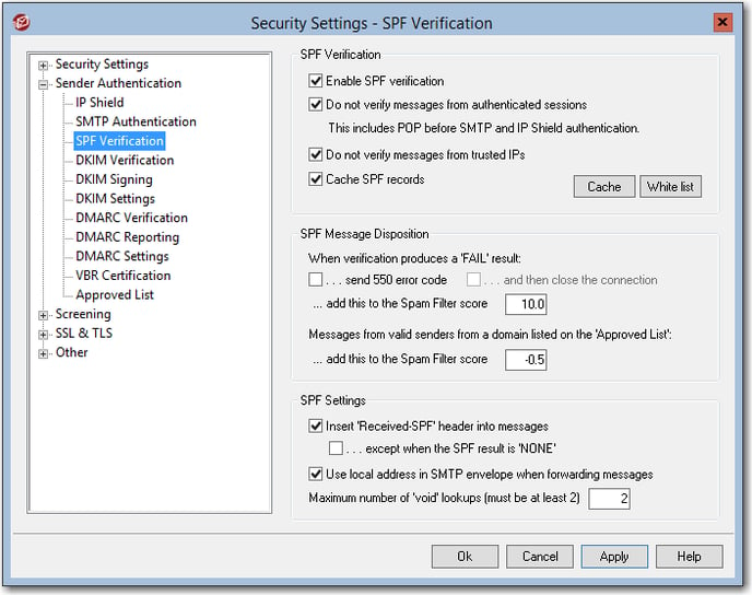recommended spf verification settings for the mdaemon email server security settings