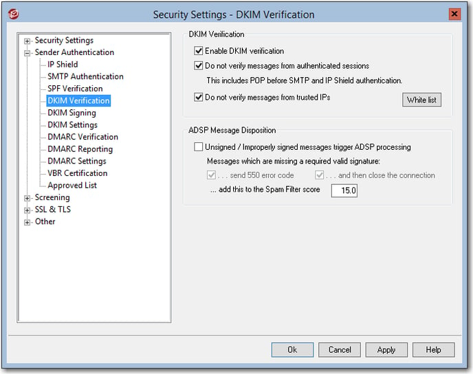 recommended dkim verification settings for the mdaemon email server security settings
