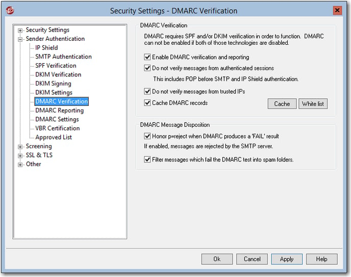 recommended dmarc verification security settings for the mdaemon email server
