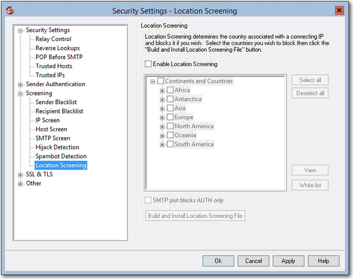 mdaemon email server locatoin screening menu to block SMTP and or SMTP authentication sessions in the security settings menu