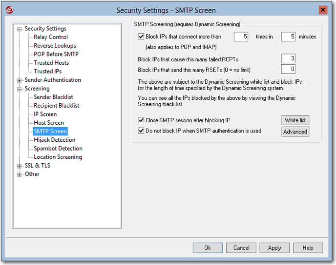 recommended mdaemon email server smtp screen settings in security settings menu