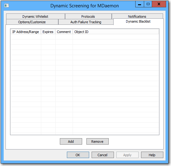 mdaemon email server dynamic screening and dynamic blacklist GUI screen
