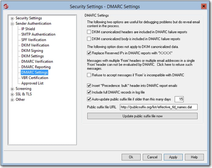 recommended dmarc settings in mdaemon emails server software's security settings