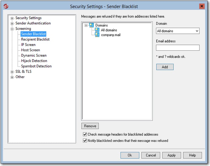 mdaemon email server sender blacklist in the screening menu in security settings