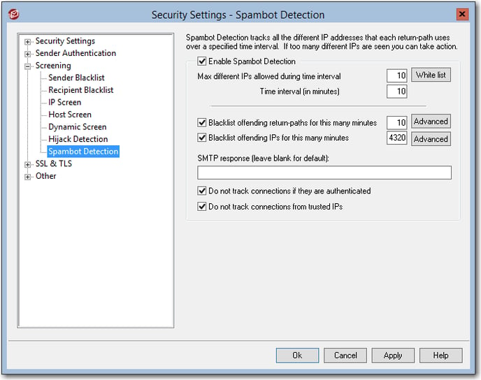 recommended mdaemon email server spambot detection settings in security settings menu