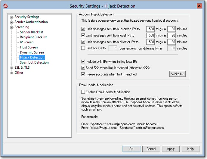 recommended mdaemon email server hijack detection settings to prevent compromised accounts in the security settings menu
