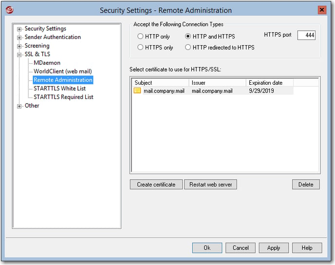 mdaemon security settings for enabling ssl, starttls, and stls and configure a certificate in remote administration on the mdaemon email server software