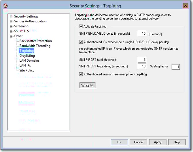 recommended mdaemon email server tarpitting settings to include ehlo helo delays