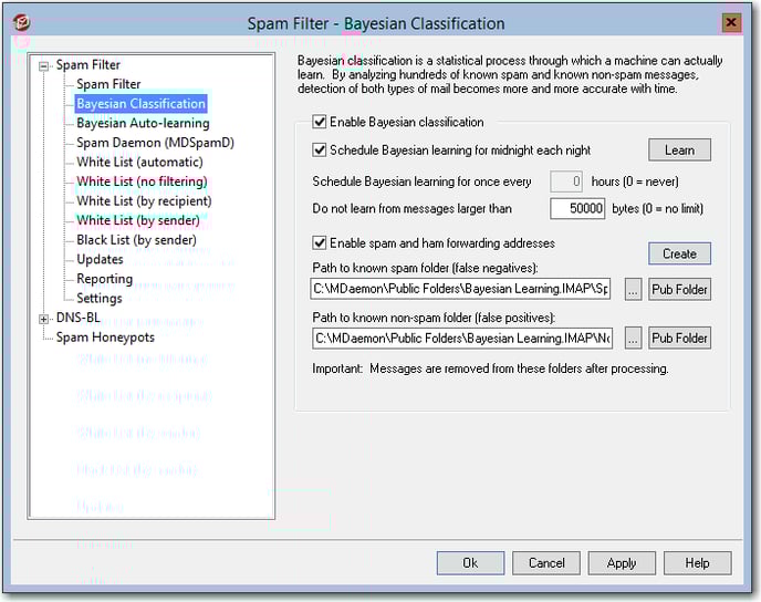 mdaemon email server bayesian classification recommended security settings