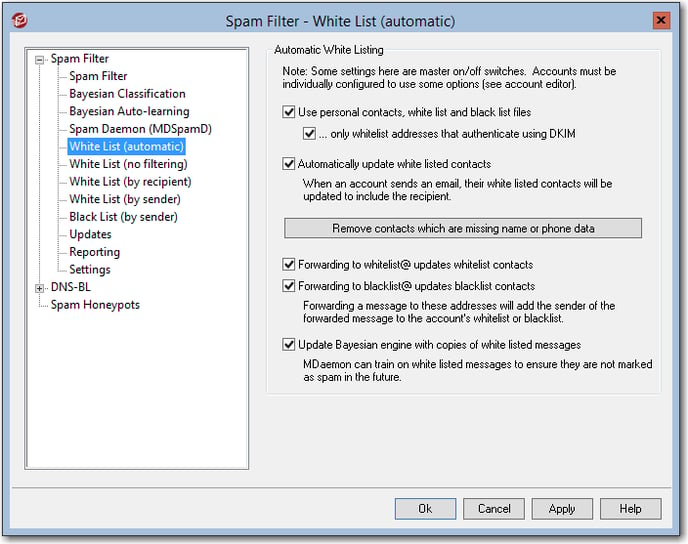 mdaemon email server recommended security settings for automatic white list settings