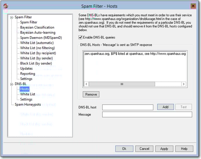 mdaemon email server recommended spam filter settings for DNS blacklist hosts