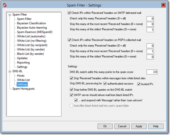 mdaemon email server recommended spam filter settings for the dns blacklist settings