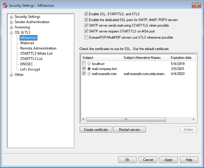 enable and configure SSL & TLS for SMTP, POP3, and IMAP in MDaemon email server