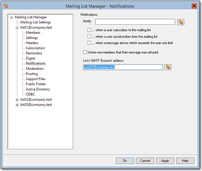 smtp bounce address mailing list text box